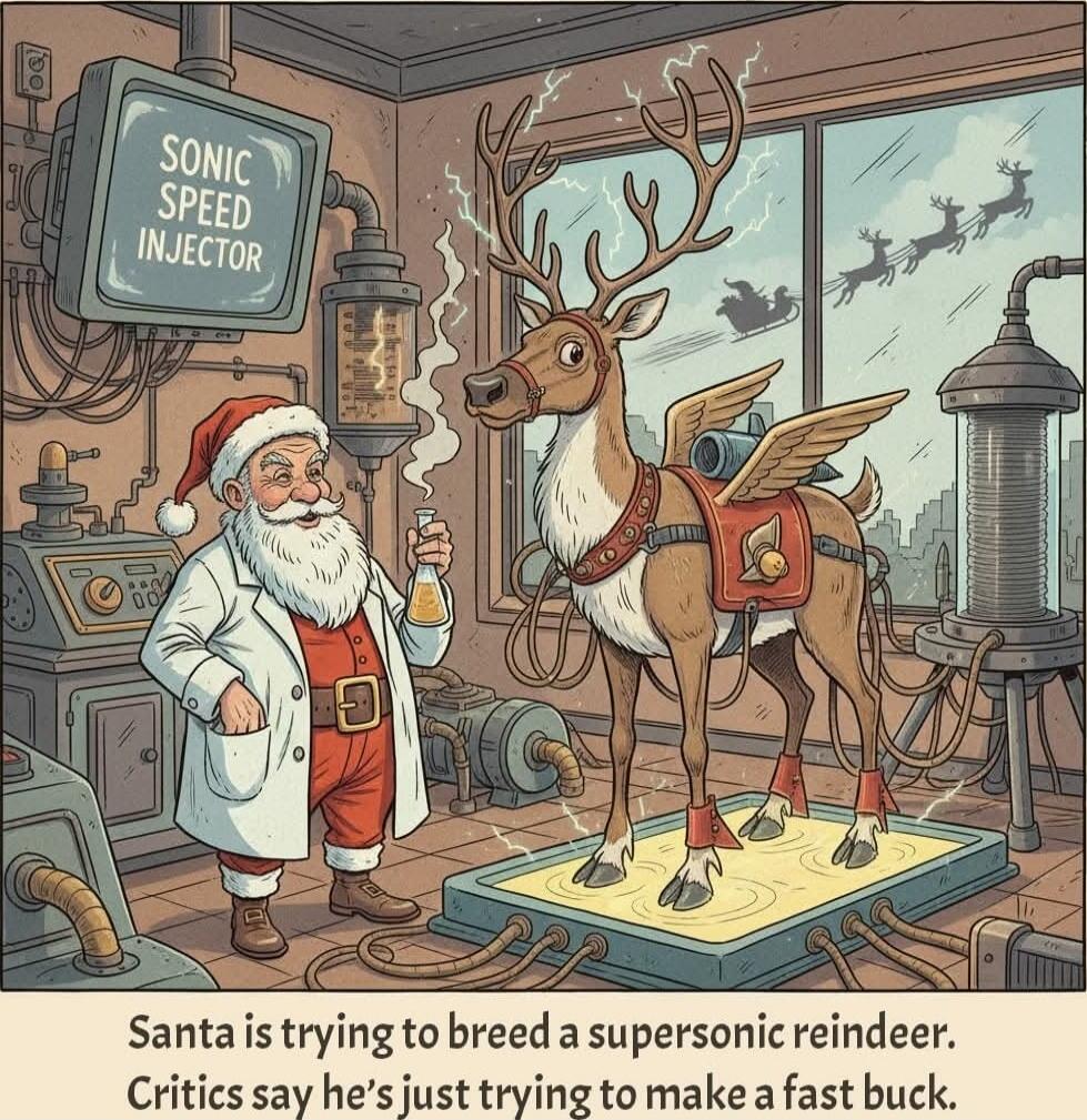 SONIC SPEED INJECTOR
Santa is trying to breed a supersonic reindeer. Critics say he's just trying to make a fast buck.