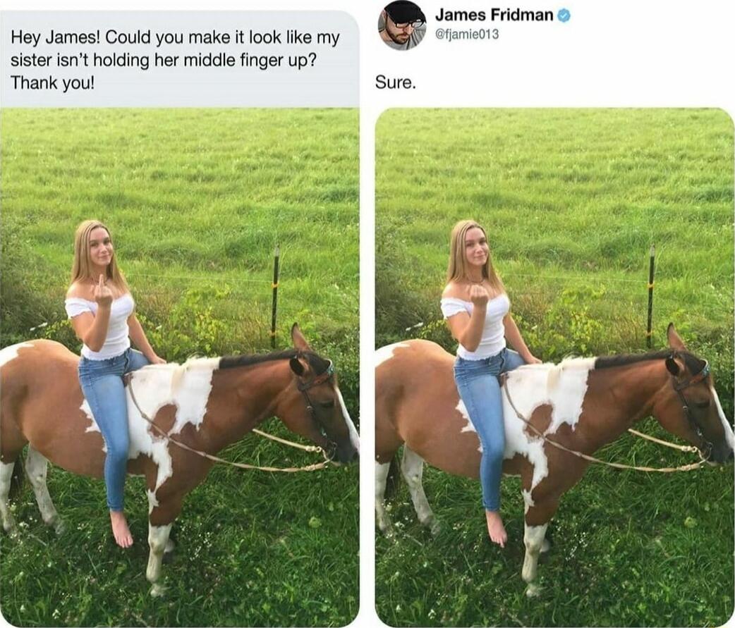 James Fridman Hey James Could you make it ook fke my sister inthoiding her middle finger Up Thank you Sue