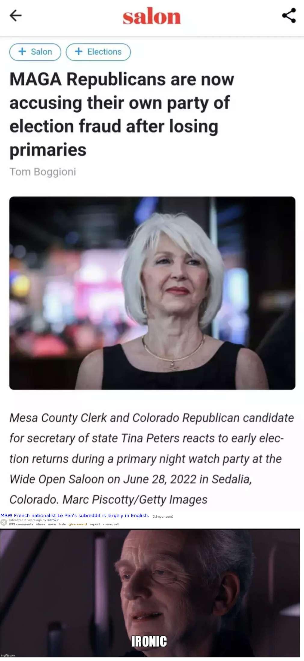 MAGA Republicans are now accusing their own party of election fraud after losing primaries Mesa County Clerk and Colorado Republican candidate for secretary of state Tina Peters reacts to early elec tion returns during a primary night watch party at the Wide Open Saloon on June 28 2022 in Sedalia Colorado Marc PiscottyGetty Images