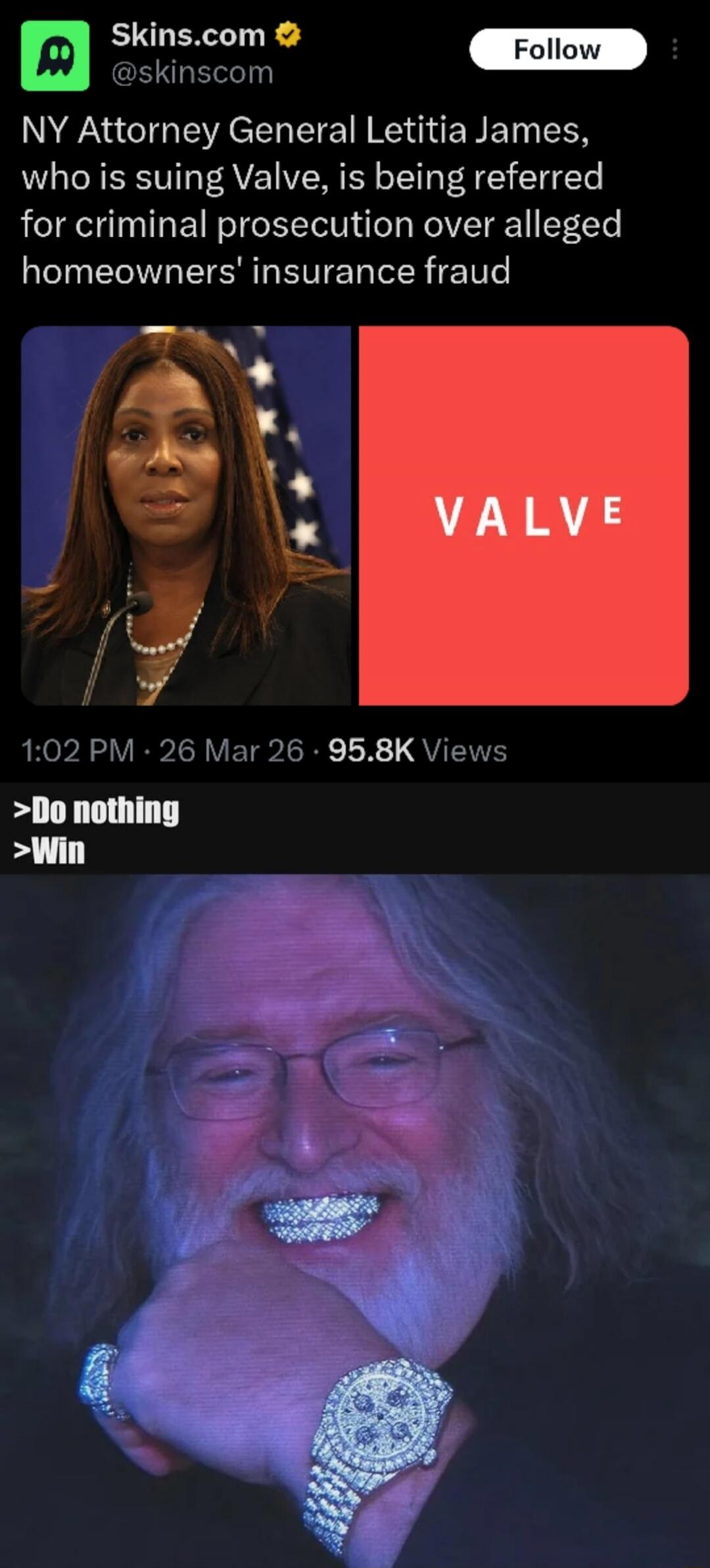 Skins.com @skinscom Follow NY Attorney General Letitia James, who is suing Valve, is being referred for criminal prosecution over alleged homeowners' insurance fraud 1:02 PM - 26 Mar 26 - 95.8K Views >Do nothing >Win VALVE