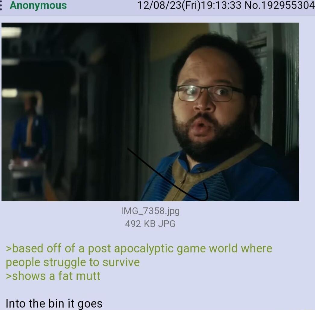 Anonymous 120823Fri191333 No192955304 based off of a post apocalyptic game world where people struggle to sur how fat mutt Into the bin it
