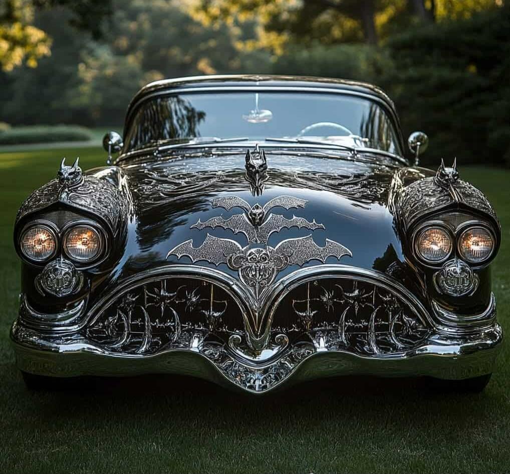 Ornate vintage car with bat motif chrome detailing on the front grille.