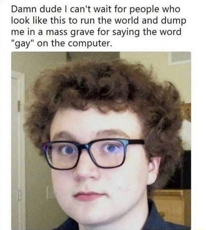 Damn dude cant wait for people who look like this to run the world and dump me in a mass grave for saying the word gay on the computer