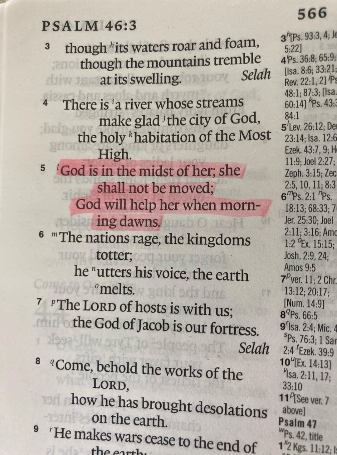 PSALM 46:3. 3 though its waters roar and foam, though the mountains tremble at its swelling. Selah. 4 There is a river whose streams make glad the city of God, the holy habitation of the Most High. 5 God is in the midst of her; she shall not be moved; God will help her when morning dawns. 6 The nations rage, the kingdoms totter; he utters his voice