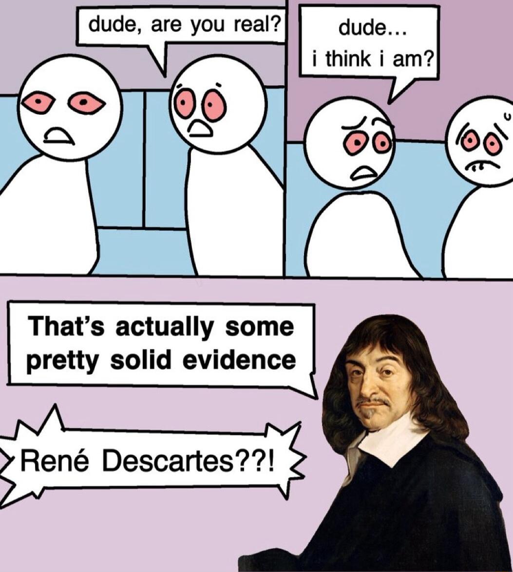 dude are you real dude i think i am Ren Descartes Thats actually some pretty solid evidence