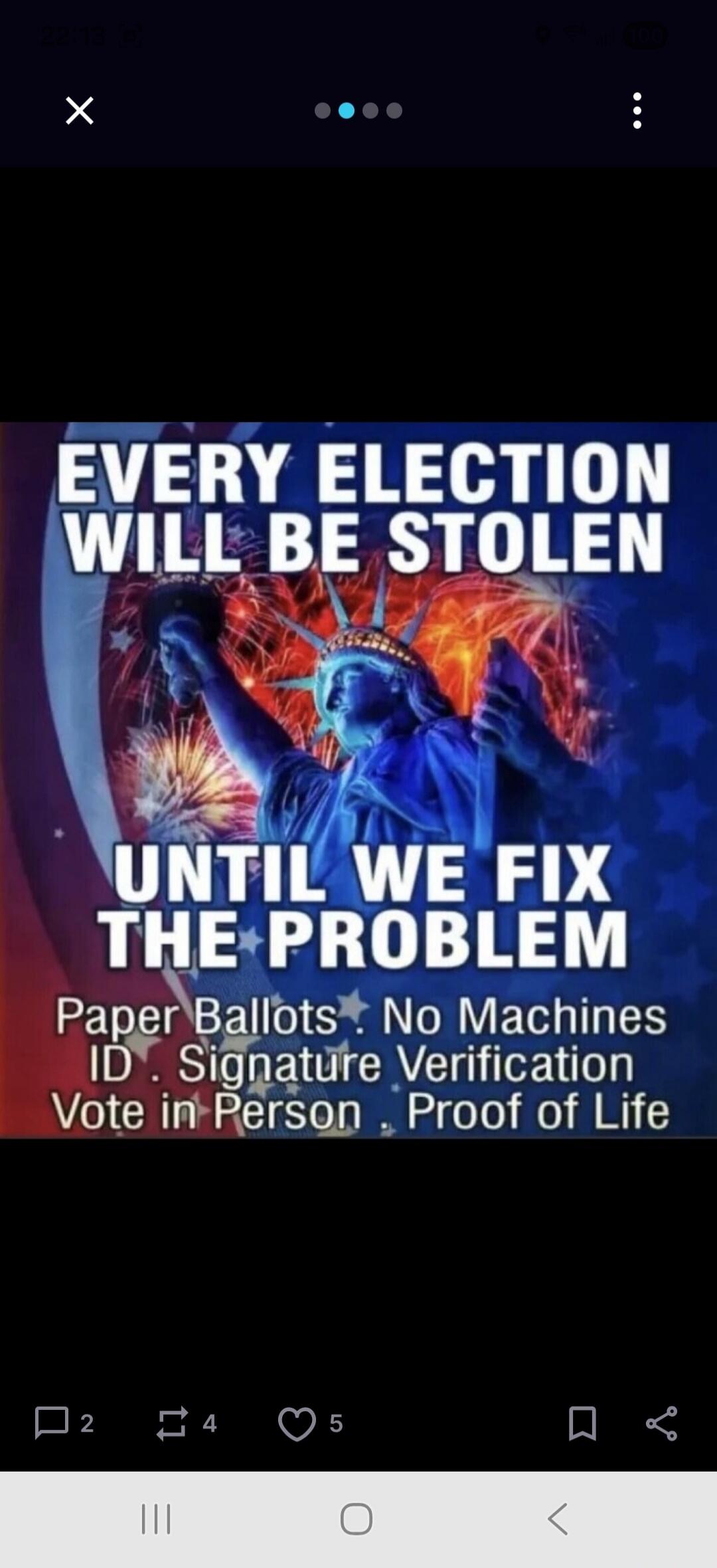 EVERY ELECTION WILL BE STOLEN UNTIL WE FIX THE PROBLEM Paper Ballots. No Machines ID. Signature Verification Vote in Person. Proof of Life
