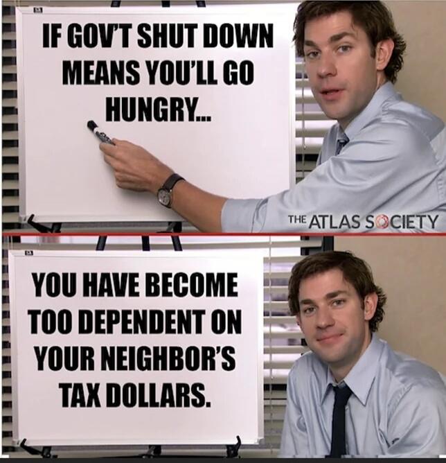 IF GOVT SHUT DOWN MEANS YOU'LL GO HUNGRY... YOU HAVE BECOME TOO DEPENDENT ON YOUR NEIGHBOR'S TAX DOLLARS.