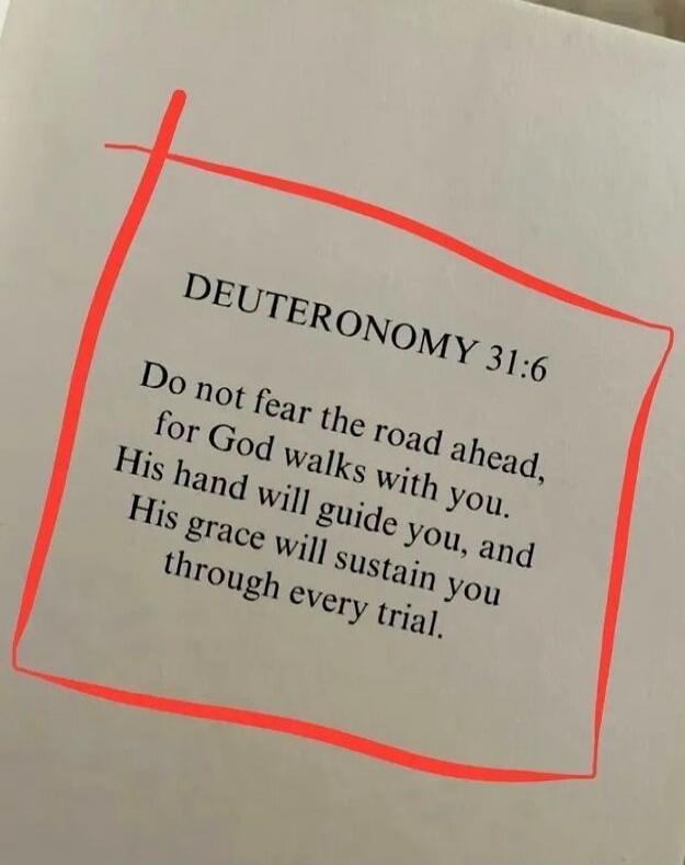 DEUTERONOMY 31:6 Do not fear the road ahead, for God walks with you. His hand will guide you, and His grace will sustain you through every trial.