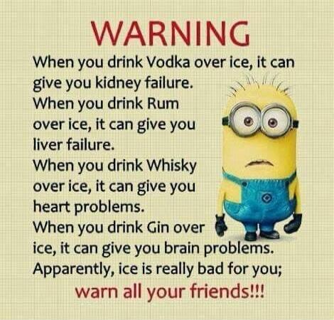 WARNING
When you drink Vodka over ice, it can give you kidney failure.
When you drink Rum over ice, it can give you liver failure.
When you drink Whisky over ice, it can give you heart problems.
When you drink Gin over ice, it can give you brain problems.
Apparentl y, ice is really bad for you;
warn all your friends!!!