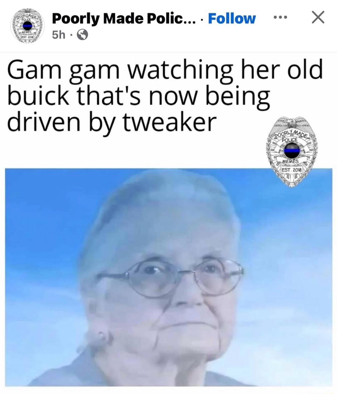 Gam gam watching her old buick that's now being driven by tweaker