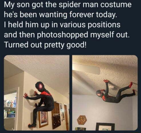 My son got the spider man costume hes been wanting forever today I held him up in various positions and then photoshopped myself out Turned out pretty good