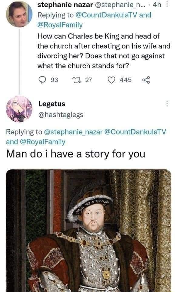 stephanie nazar stephanie n 4h c Replying to CountDankulaTV and P RoyalFamily How can Charles be King and head of the church after cheating on his wife and divorcing her Does that not go against what the church stands for Q 93 10 27 Q 445 8 Legetus N hashtaglegs Replying to stephanie_nazar CountDankulaTV and RoyalFamily Man do i have a story for you