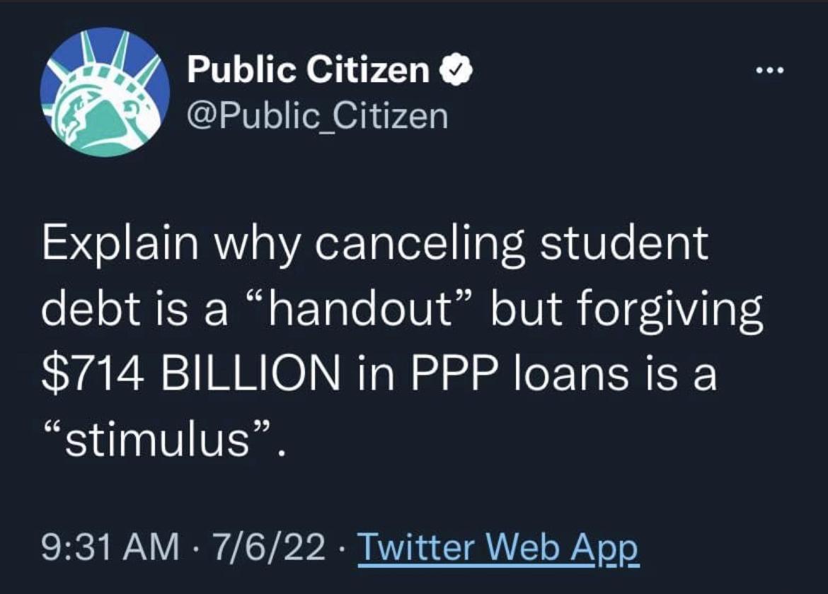 Public Citizen Public_Citizen Explain why canceling student fo 1o ST T o F TaTo o1U il o1V o11Vi 3 714 BILLION in PPP loans is a stimulus 931 AM 7622 Twitter Web App