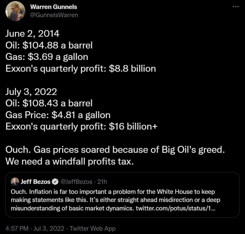 Q Warren Gunnels June 2 2014 Oil 10488 a barrel Gas 369 a gallon Exxons quarterly profit 88 billion July 3 2022 Oil 10843 a barrel Gas Price 481a gallon Exxons quarterly profi Ouch Gas prices soared because of Big Oils greed ELEEERLLE IS E N 8 Jeff Bezos o115 i Ouch Inflation is far too important a problem for the White House to keep making statements like this Its either straight ahead misdirecti