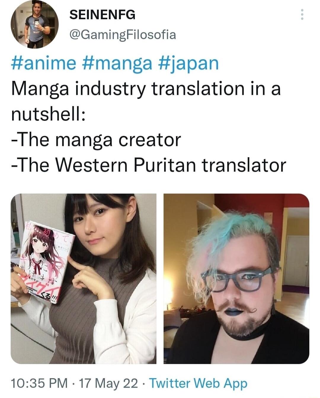 cg SEINENFG i GamingFilosofia anime manga japan Manga industry translation in a nutshell The manga creator The Western Puritan translator 1035 PM 17 May 22 Twitter Web App