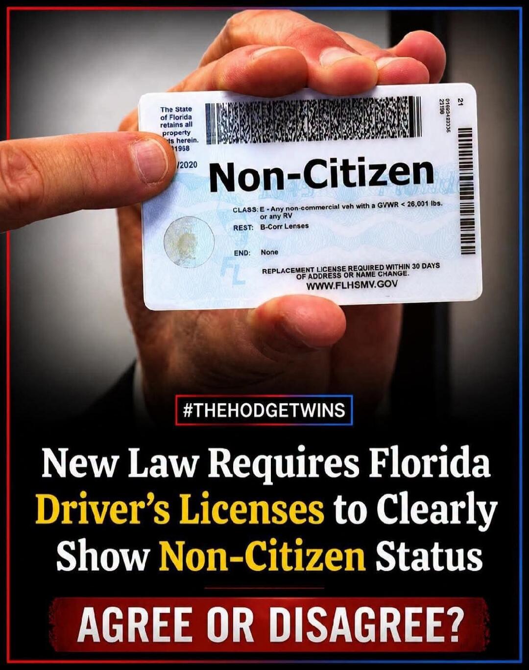 The State of Florida retains all property rights herein. 1998. Non-Citizen. CLASS: E - Any non-commercial veh with a GVWR < 26,001 lbs. or any RV. REST: B-Corr Lenses. END: None. REPLACEMENT LICENSE REQUIRED WITHIN 30 DAYS OF ADDRESS OR NAME CHANGE. WWW.FLHSMV.GOV. #THEHODGETWINS. New Law Requires Florida Driver's Licenses to Clearly Show Non-Citiz