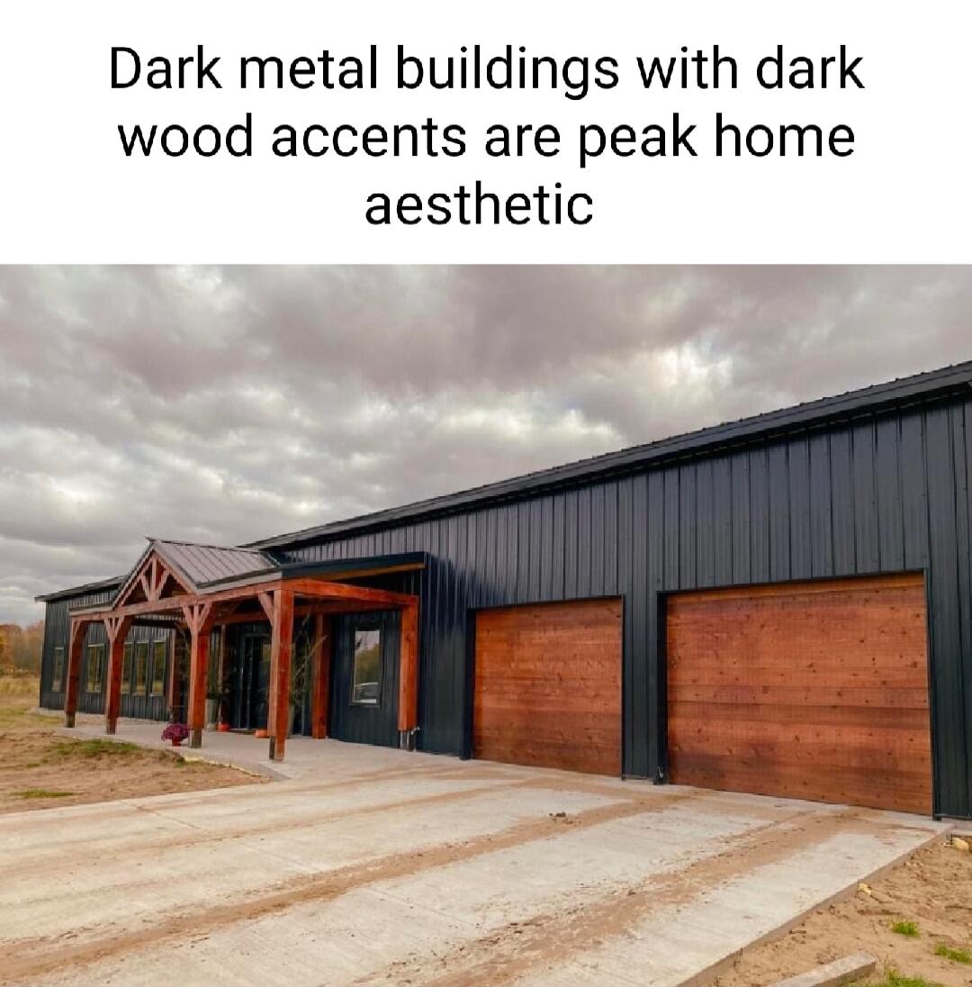 Dark metal buildings with dark wood accents are peak home aesthetic