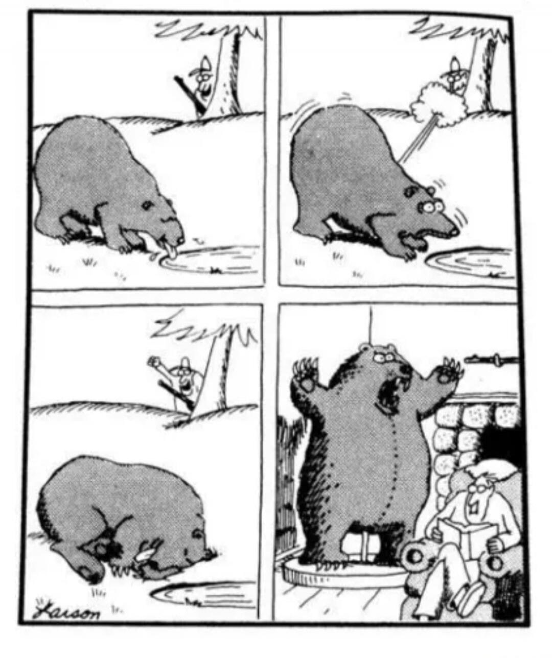 A bear is drinking from a puddle in the forest. A hunter hides behind a tree, aiming a blowgun at the bear. The hunter shoots a dart, startling the bear. The bear then collapses, seemingly tranquilized. The hunter celebrates his success. Later, inside a house, a man is reading in an armchair. The bear, now a rug on the floor, suddenly stands up and