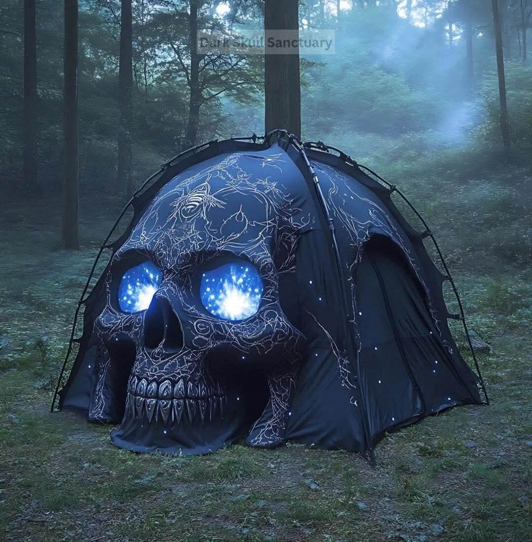 Dark Sanctuary watermark visible on the skull tent. A black skull-shaped tent with glowing blue eyes stands in a forest, with a misty, eerie atmosphere.