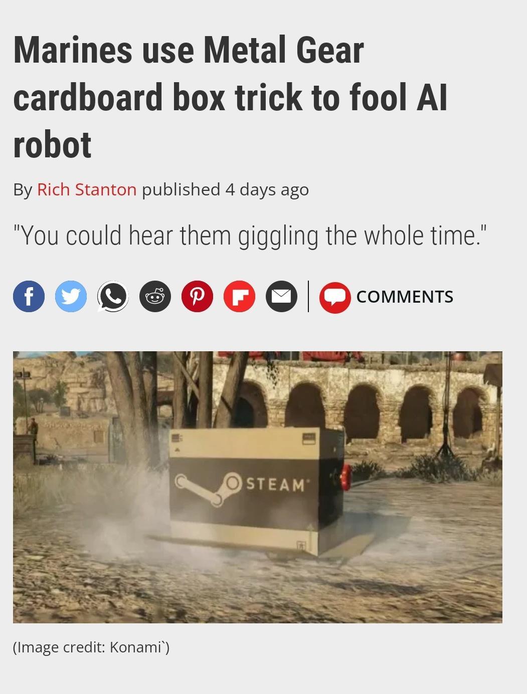 Marines use Metal Gear cardboard box trick to fool Al robot By Rich Stanton published 4 days ago You could hear them giggling the whole time QOO OO Q0 Q Qcomments Image credit Konami