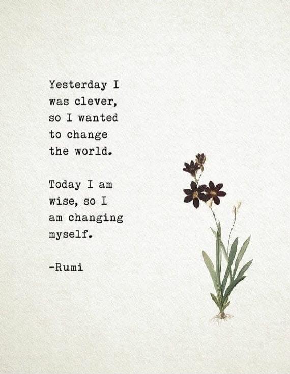Yesterday I was clever, so I wanted to change the world. Today I am wise, so I am changing myself. -Rumi