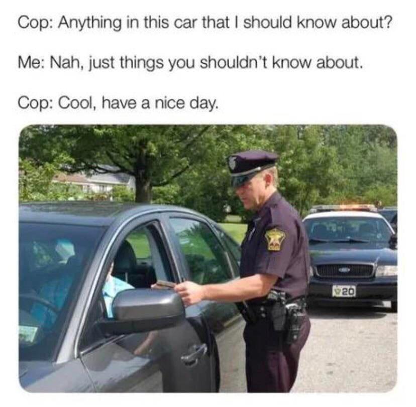 Cop Anything in this car that should know about Me Nah just things you shouldnt know about Cop Cool have a nice day
