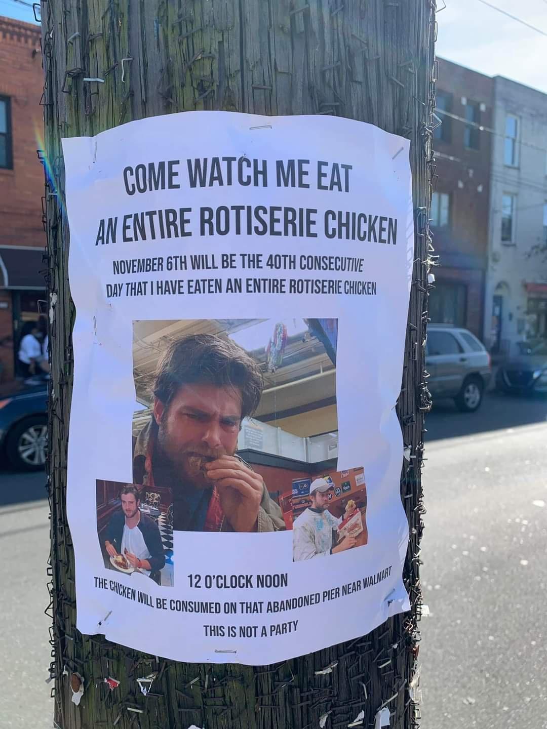 QOMEWATCHMEEAT ANENTIRE ROTISERIE CHicyey NOVENBER 6TH WILL BE THE 40TH CONSECUTIE DAYTHATHAVE EATEN AN ENTIRE ROTISERECiniex g 20ELOCKNOON Mt consunen on i ABnO0E THS AT APART