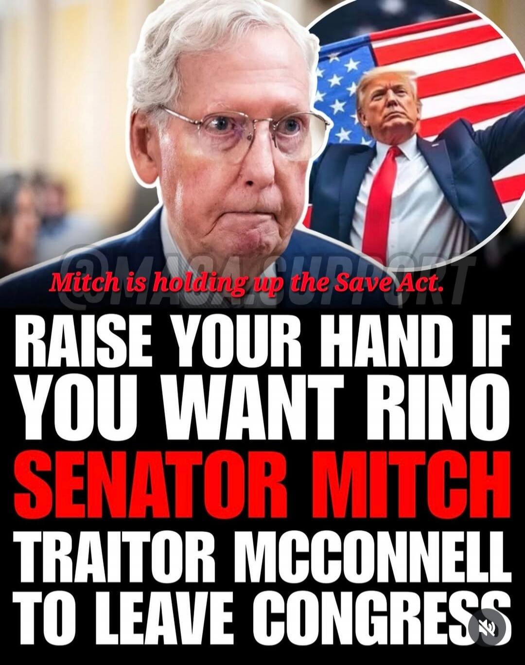 Mitch is holding up the Save Act. RAISE YOUR HAND IF YOU WANT RINO SENATOR [REDACTED] TO LEAVE CONGRESS