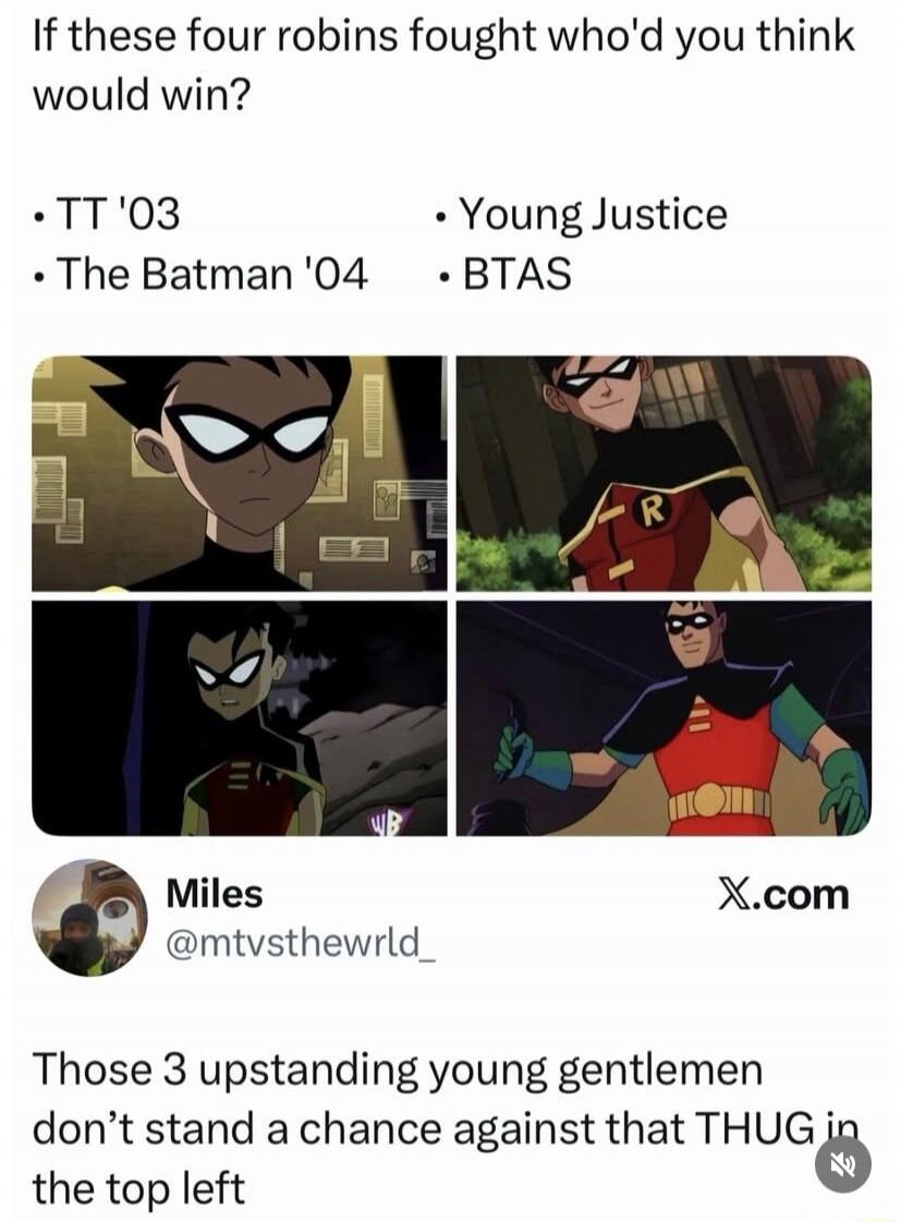 If these four robins fought who'd you think would win? TT '03, The Batman '04, Young Justice, BTAS. Those 3 upstanding young gentlemen don't stand a chance against that THUG in the top left.