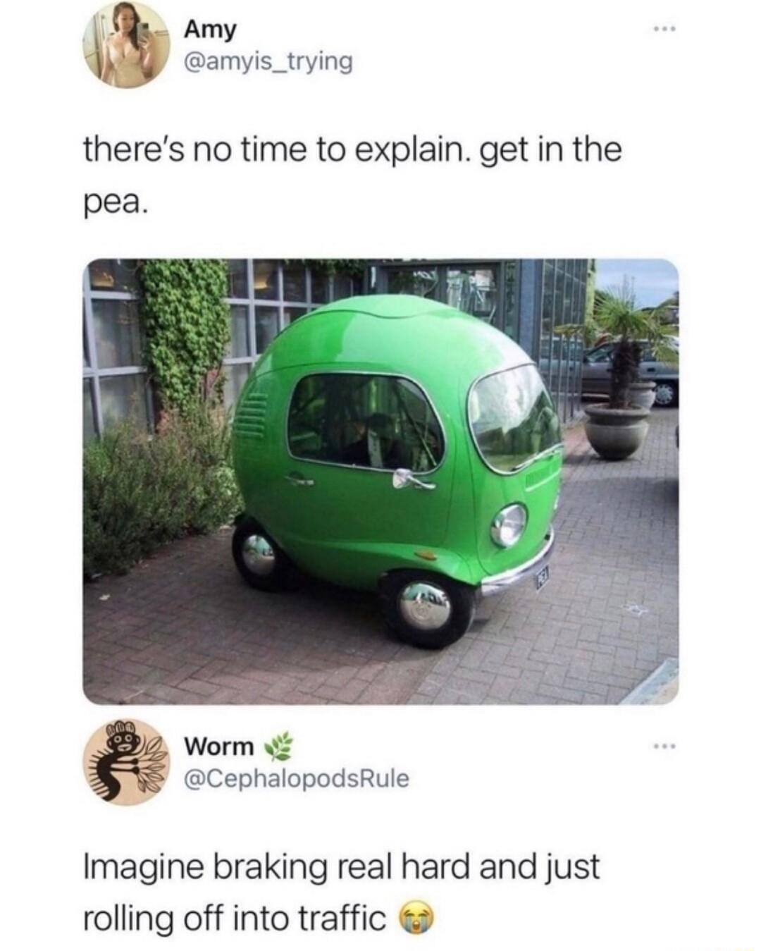 e theres no time to explain get in the pea is_trying Worm CephalopodsRule Imagine braking real hard and just rolling off into traffic