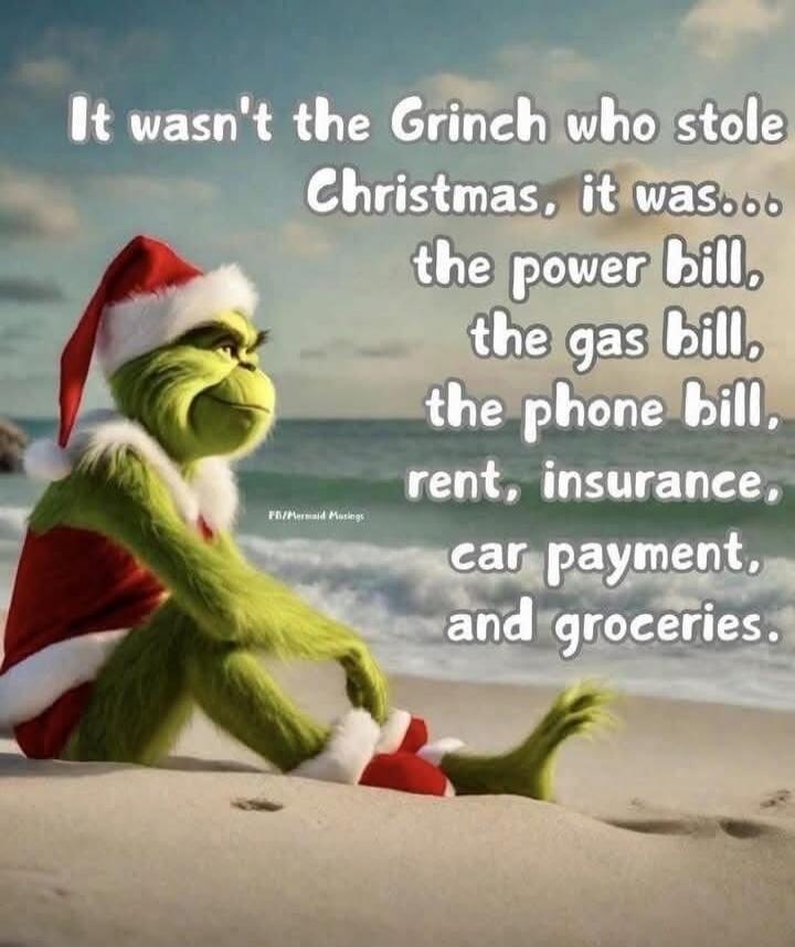 It wasn't the Grinch who stole Christmas, it was... the power bill, the gas bill, the phone bill, rent, insurance, car payment, and groceries.