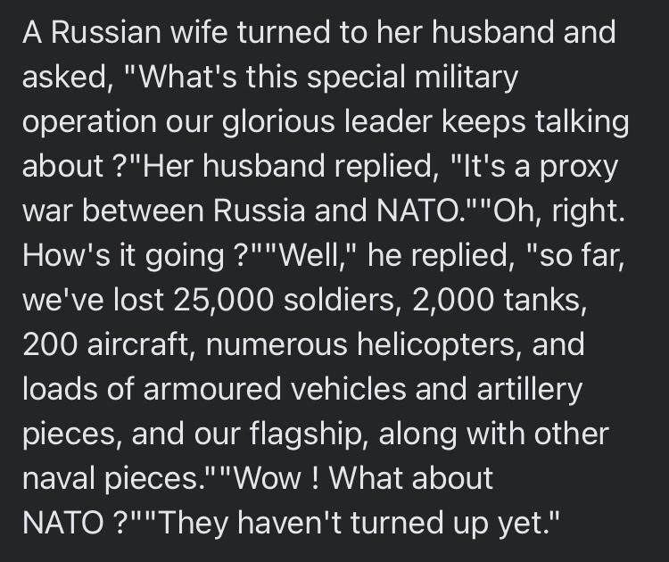 A Russian wife turned to her husband and asked Whats this special military o oYl ifog WolUge ofo NN CETe T CIT o SR E1 g e 1 oJo Ui dirdl o T o TUTS o Yo To Y o 1Yo M K WoT g0 4Y war between Russia and NATOOh right 5 VAR dfe o e AR TRAN o TSN To Yo MIRYo R 18 ERVCR S 72N 0100 R ol o T A0 0R 1o 1 CH 200 aircraft numerous helicopters and loads of armoured vehicles and artillery pieces and our flagsh