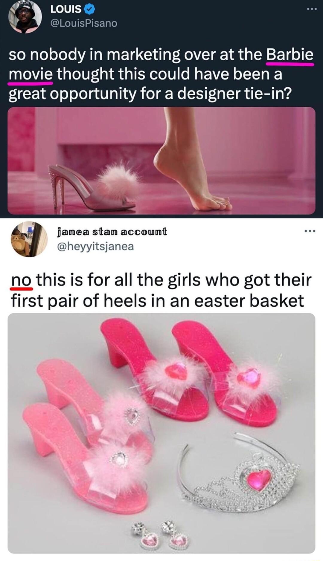so0 nobody in marketing over at the Barbie movie thought this could have been a great opportunity for a designer tie i A janeastan account heyyitsjanea no this is for all the girls who got their first pair of heels in an easter basket