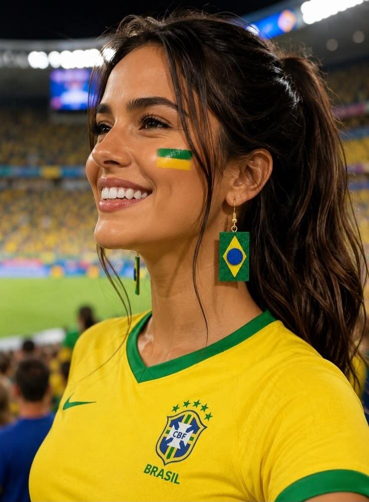 A woman wearing a yellow Brazil national football team jersey with 'CBF' and 'BRASIL' written on it. She has Brazilian flag colors painted on her cheek and is wearing matching earrings.