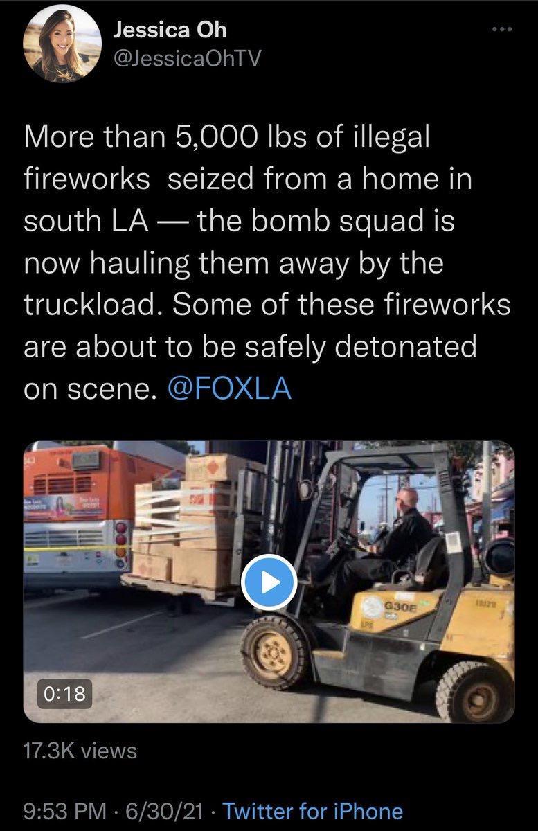 4 Jessica Oh JessicaOhTV YIeICRUsE TARNOIO 10N o1 Yo IIFoFY TG CIEEIr4le Rigelnii Nalelaal Rla south LA the bomb squad is now hauling them away by the truckload Some of these fireworks are about to be safely detonated on scene FOXLA 173K views 953 PM 63021 Twitter for iPhone