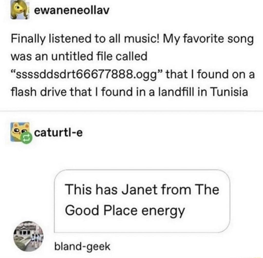 n ewaneneollav Finally listened to all music My favorite song was an untitled file called ssssddsdrt666778880gg that found on a flash drive that found in a landfill in Tunisia caturtl e This has Janet from The Good Place energy bland geek