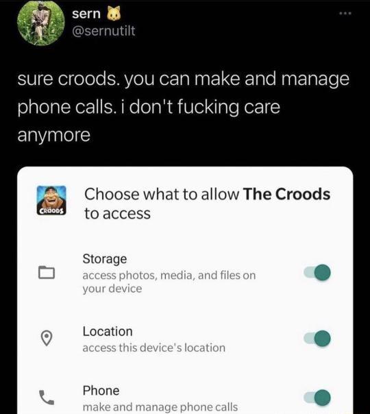 Eoh sen e SUYelelole you can INELCETle manage phone calls i dont fucking care anymore Choose what to allow The Croods to access Storage m o Location PY v Phone PY