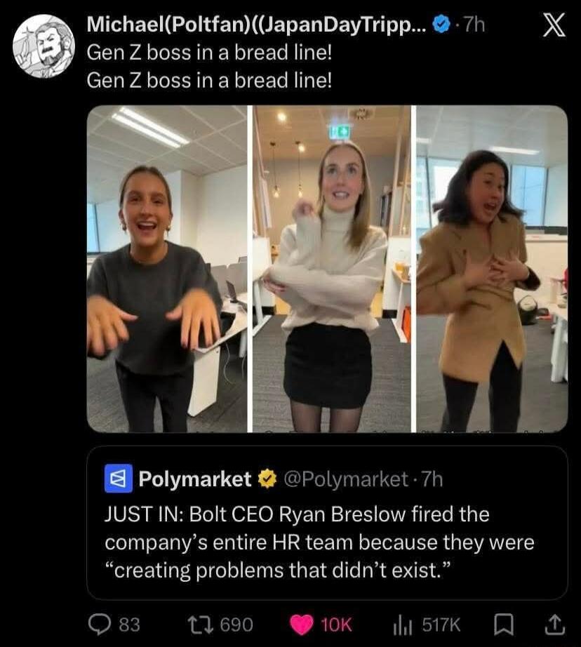 Gen Z boss in a bread line! JUST IN: Bolt CEO Ryan Breslow fired the company's entire HR team because they were 'creating problems that didn't exist.'