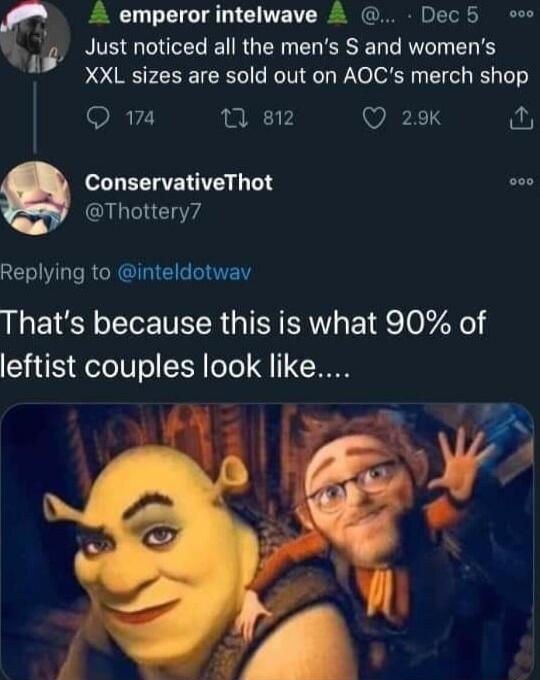 a emperor intelwave Dec5 oo Just noticed all the mens S and womens XXL sizes are sold out on AOCs merch shop 17 0 812 Q 29K o ConservativeThot 000 Thottery7 LW T ROCRGIRIE RIE Thats because this is what 90 of ST Qetel o 1 oo TN i