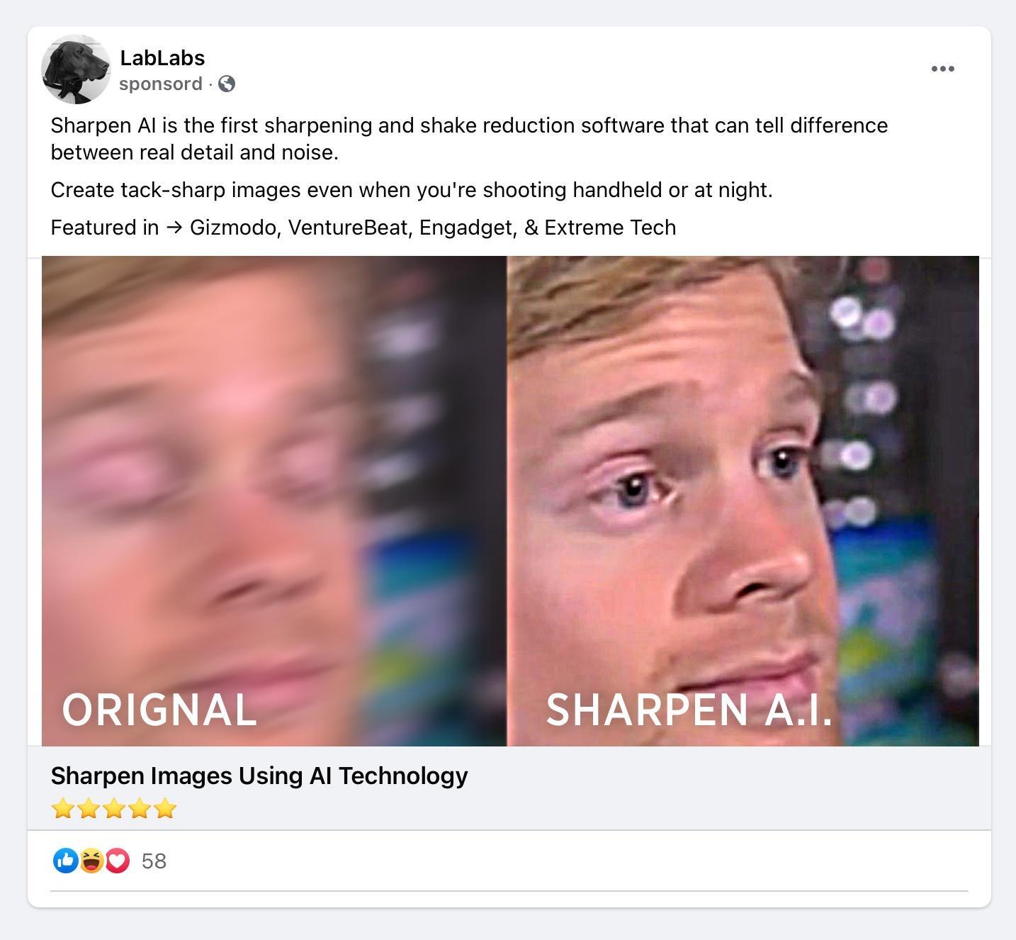 LabLabs vee sponsord Q Sharpen Al is the first sharpening and shake reduction software that can tell difference between real detail and noise Create tack sharp images even when youre shooting handheld or at night Featured in Gizmodo VentureBeat Engadget Extreme Tech 58