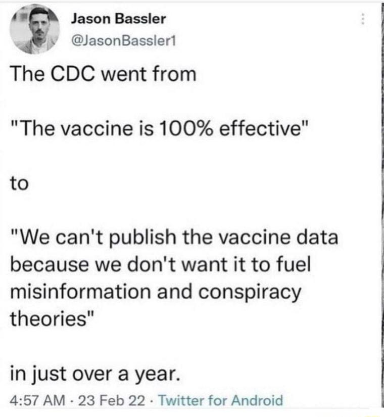 ARE Jason Bassler JasonBassler1 P The CDC went from The vaccine is 100 effective to We cant publish the vaccine data because we dont want it to fuel misinformation and conspiracy theories in just over a year 457 AM 23 Feb 22 Twitter for Android