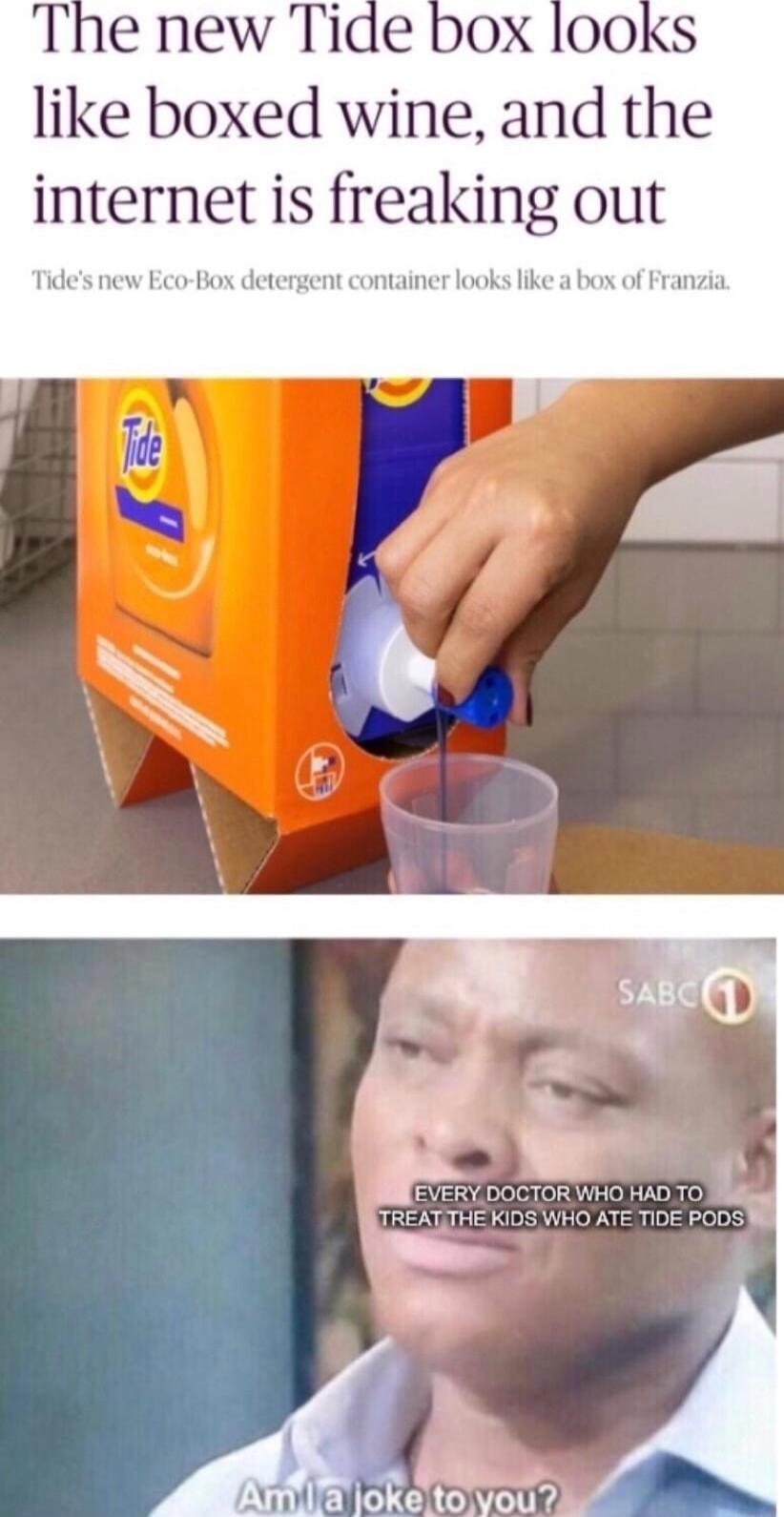 The new Tide like boxed wine and the internet is freaking out gent container looks like a box of Franzia