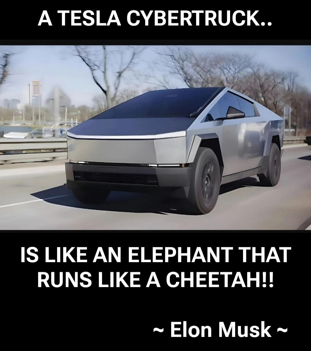 A TESLA CYBERTRUCK.. IS LIKE AN ELEPHANT THAT RUNS LIKE A CHEETAH!! ~ Elon Musk ~