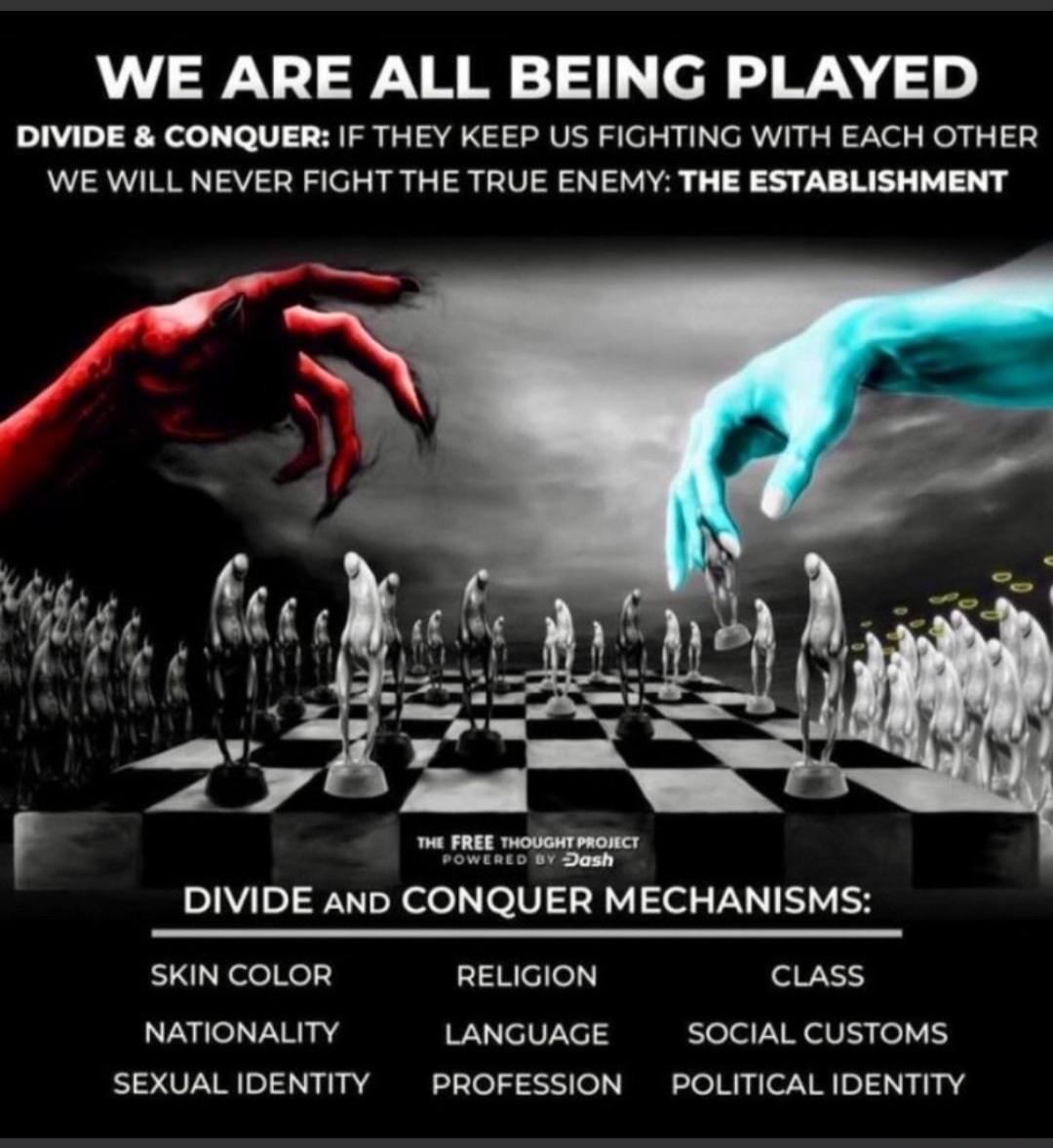WE ARE ALL BEING PLAYED DIVIDE & CONQUER: IF THEY KEEP US FIGHTING WITH EACH OTHER WE WILL NEVER FIGHT THE TRUE ENEMY: THE ESTABLISHMENT THE FREE THOUGHT PROJECT POWERED BY Dash DIVIDE AND CONQUER MECHANISMS: SKIN COLOR RELIGION CLASS NATIONALITY LANGUAGE SOCIAL CUSTOMS SEXUAL IDENTITY PROFESSION POLITICAL IDENTITY