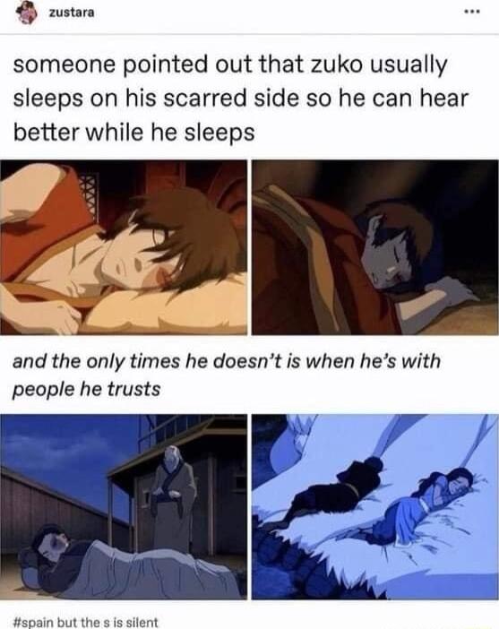 wstann someone pointed out that zuko usually sleeps on his scarred side so he can hear better while he sleeps N 4 and the only times he doesnt is when hes with people he trusts