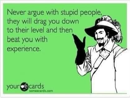 Never argue with stupid people, they will drag you down to their level and then beat you with experience. your e cards someecards.com