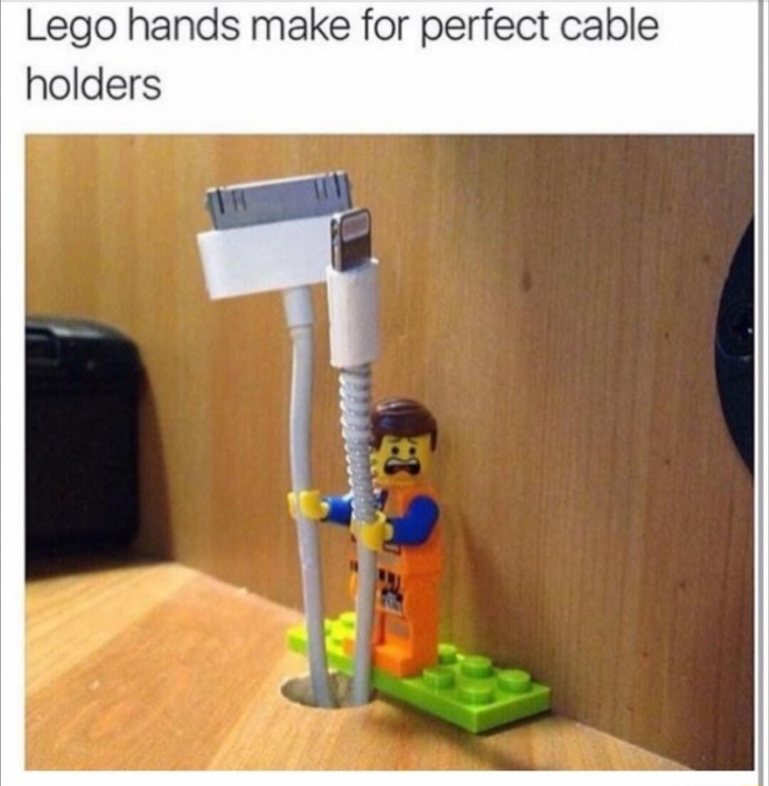 Lego hands make for perfect cable holders
