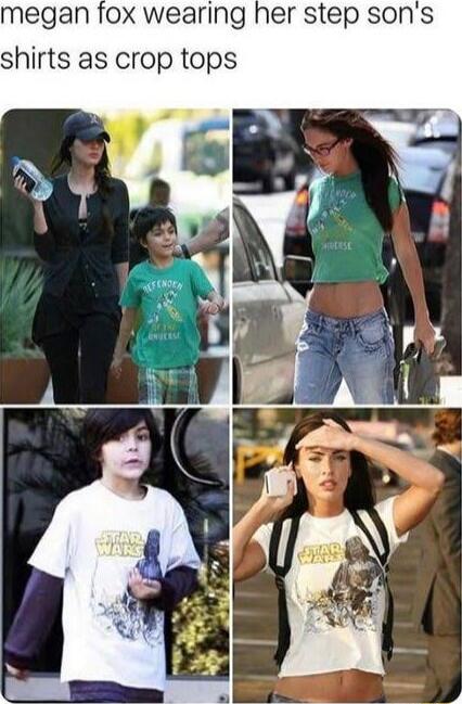 megan fox wearing her step sons shirts as crop tops