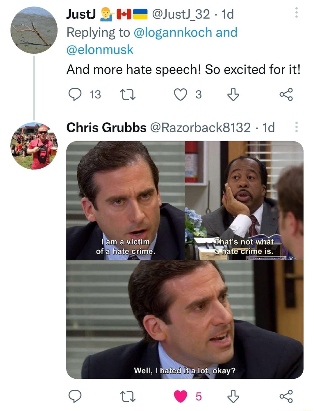 Just Zj Just 32 1d Replying to logannkoch and elonmusk And more hate speech So excited for it 1 1T 3 3 Chris Grubbs Razorback8132 1d X LY lfamiajvictim NEThats not what of dihate crime atecrime is