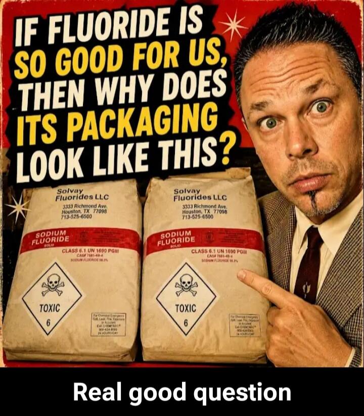 IF FLUORIDE IS SO GOOD FOR US, THEN WHY DOES ITS PACKAGING LOOK LIKE THIS? Solvay Fluorides LLC 3333 Richmond Ave. Houston, TX 77098 713-525-6500 SODIUM FLUORIDE SOLID CLASS 6.1 UN 1690 PGIII CAS# 7681-49-4 SODIUM FLUORIDE 98.5% TOXIC 6 Real good question